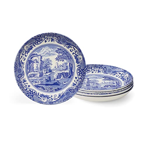 Spode Blue Italian Pasta Bowls | Set of 4 | 9-Inch | Salad, Pasta, and Soup Serving Bowls | Round, Wide, and Shallow Bowl | Microwave Safe Plate | Dishwasher Safe