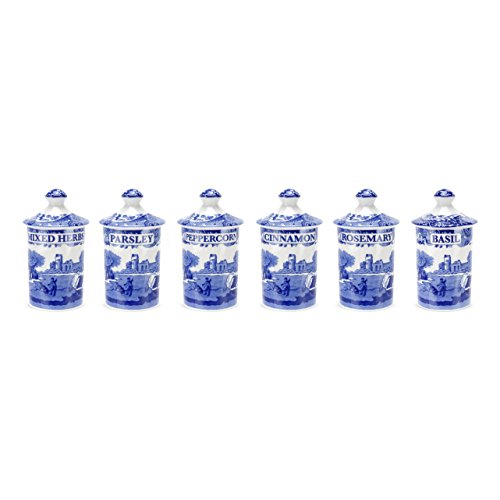 Spode Blue Italian Collection Spice Jars, set of 6, 4-inch, Made of Ceramic, Beautiful and Functional Kitchen Décor, Storage Container, Dishwasher Safe
