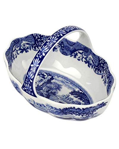 Spode Blue Italian Handled Basket | Fruit Bowl | Centerpiece for Potpourri | Home Décor | Made of Porcelain | Measures 6-Inches | Dishwasher Safe (Blue/White)