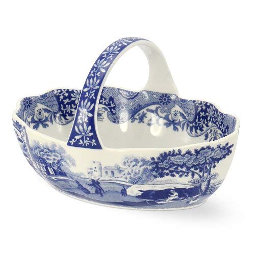Spode Blue Italian Handled Basket | Fruit Bowl | Centerpiece for Potpourri | Home Décor | Made of Porcelain | Measures 6-Inches | Dishwasher Safe (Blue/White)